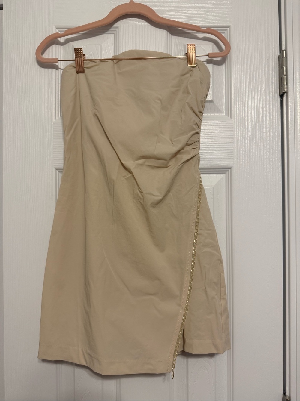 glam Beige Strapless Mini Skirt with Gold Chain Trim